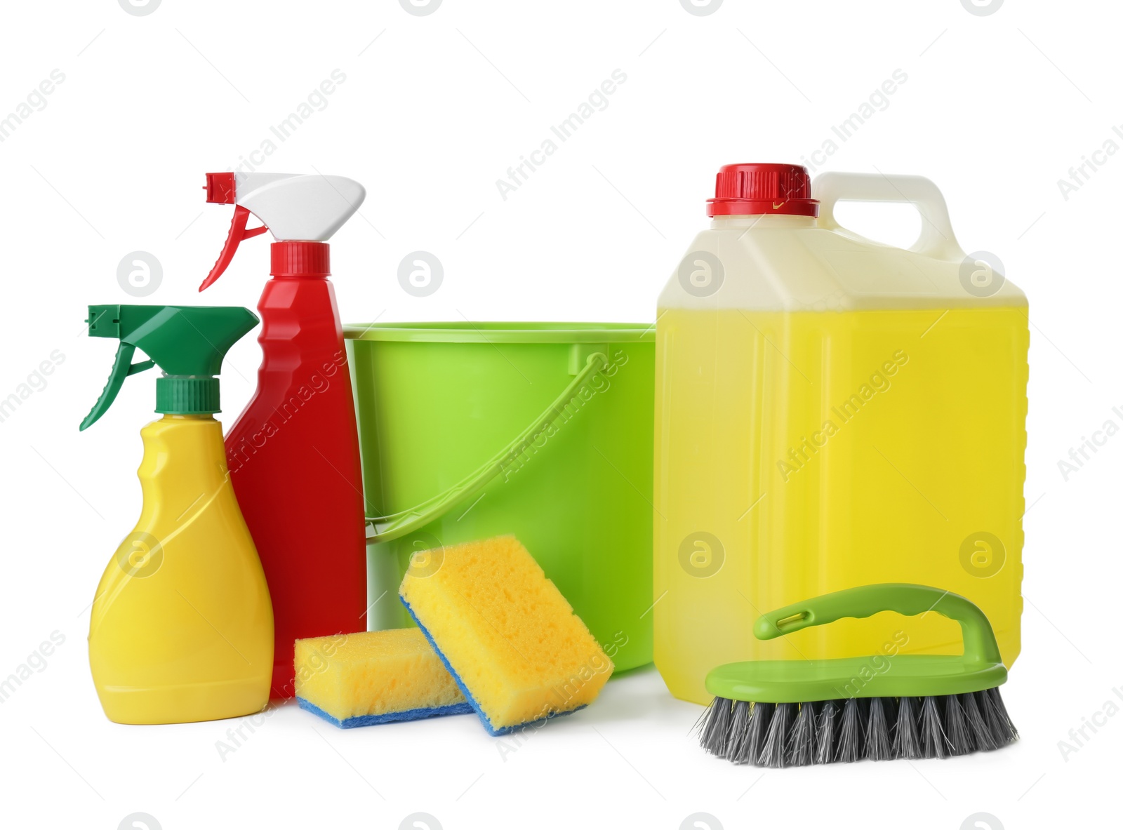 Photo of Set of different cleaning supplies on white background