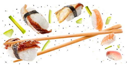 Image of Nigiri sushi and wooden chopsticks flying on white background