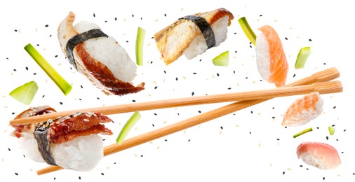 Nigiri sushi and wooden chopsticks flying on white background