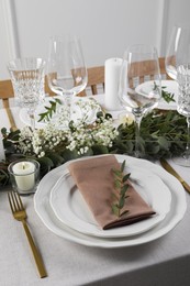 Stylish elegant table setting for festive dinner indoors