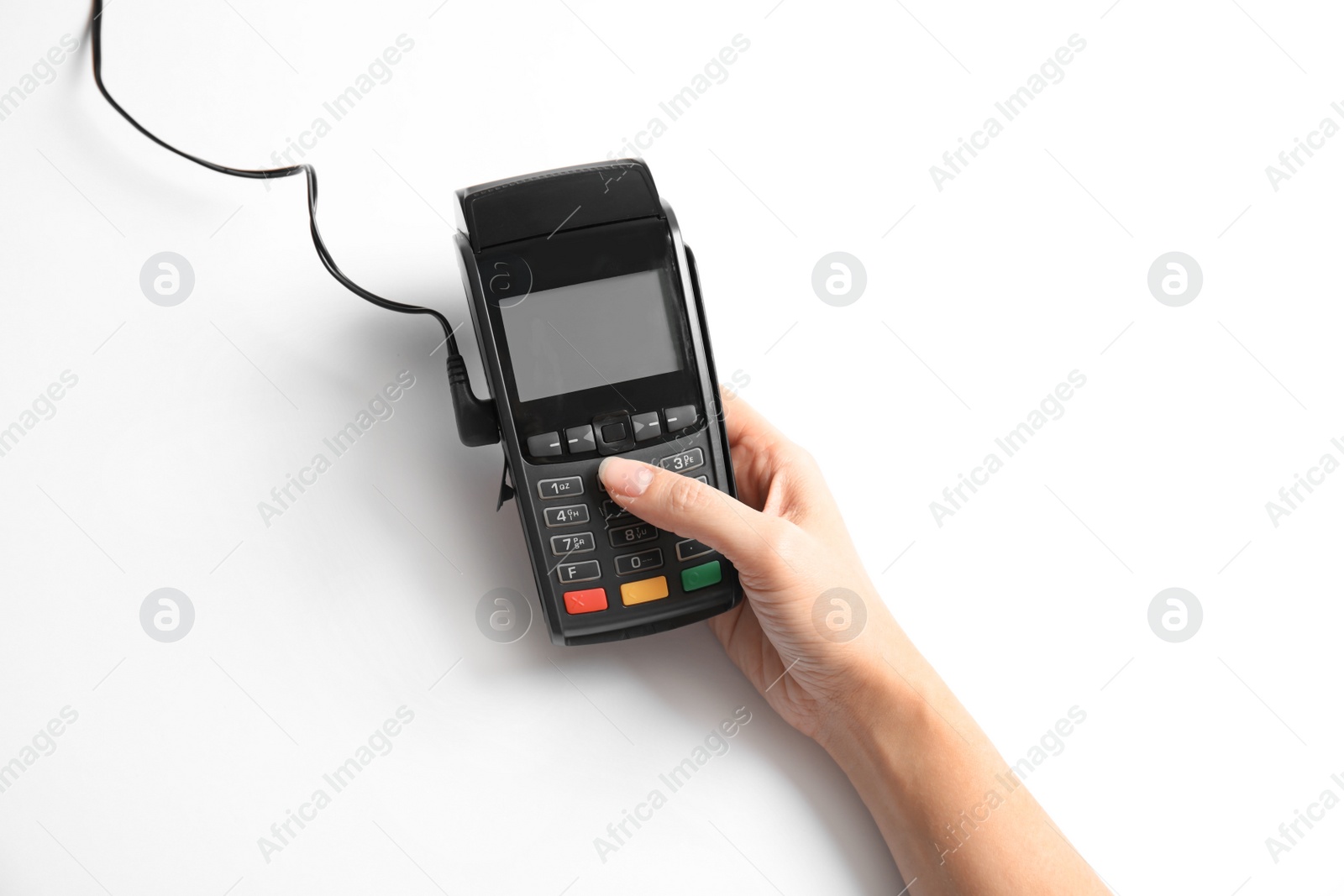 Photo of Woman using modern payment terminal on white background, top view. Space for text