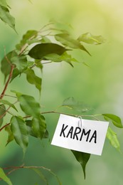 Photo of Sheet of paper with word Karma on branch against blurred background
