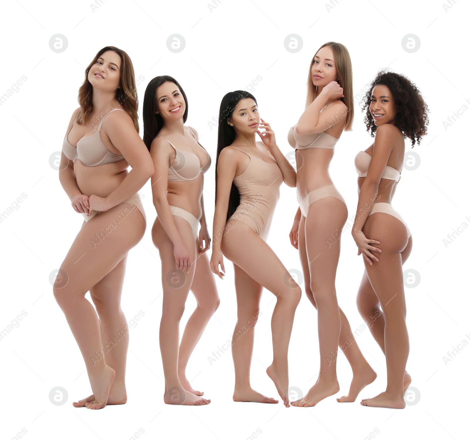 Photo of Group of women with different body types in underwear on white background