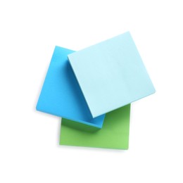Blank colorful sticky notes on white background, top view