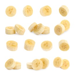 Image of Pieces of tasty ripe banana on white background, collage 