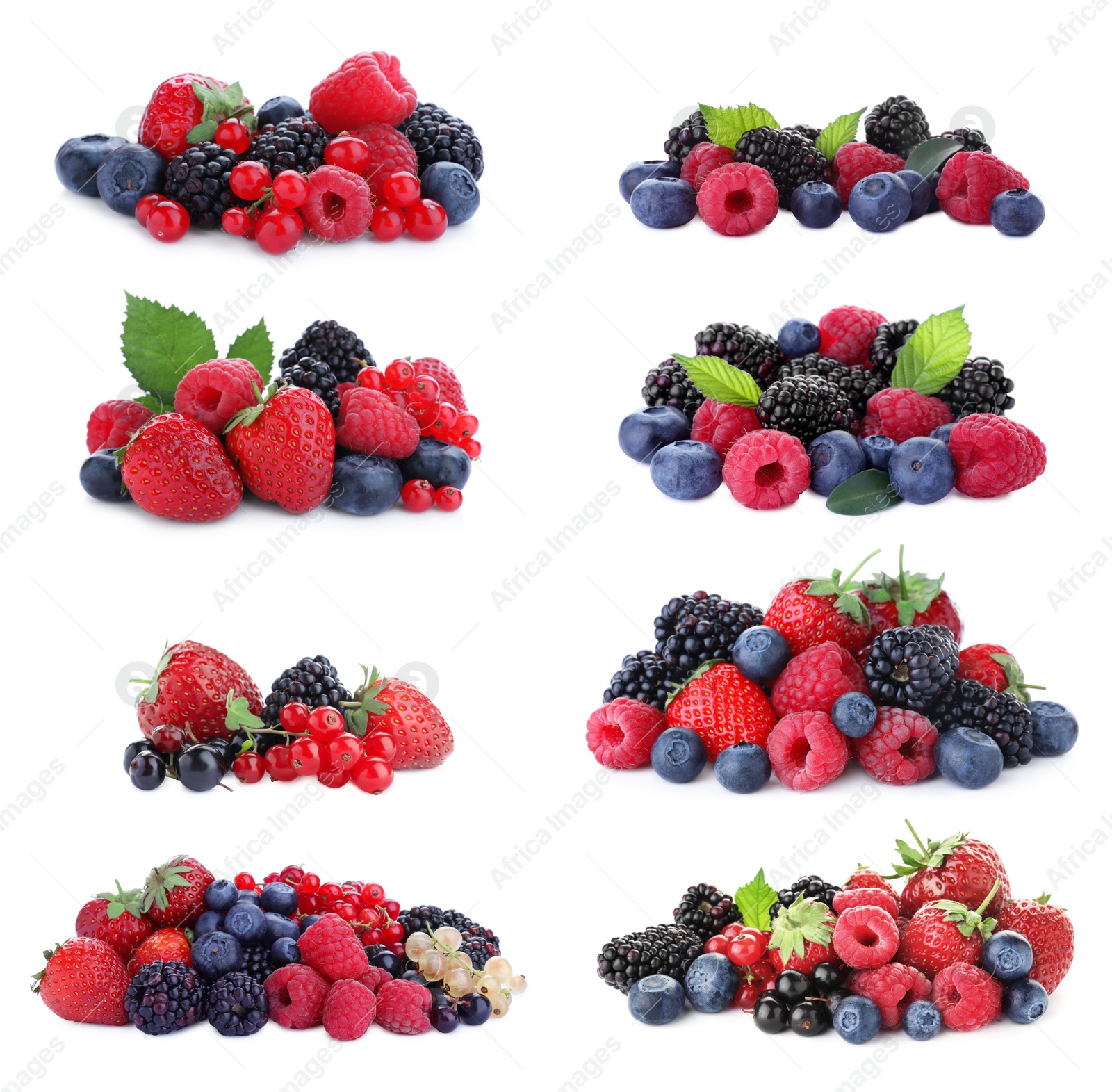 Image of Set of different mixed berries on white background