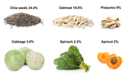 Image of Set with different products rich in fiber on white background