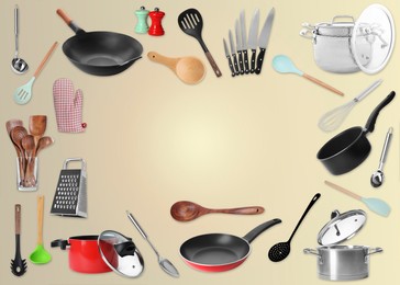 Image of Frame of different kitchenware on beige background, space for text
