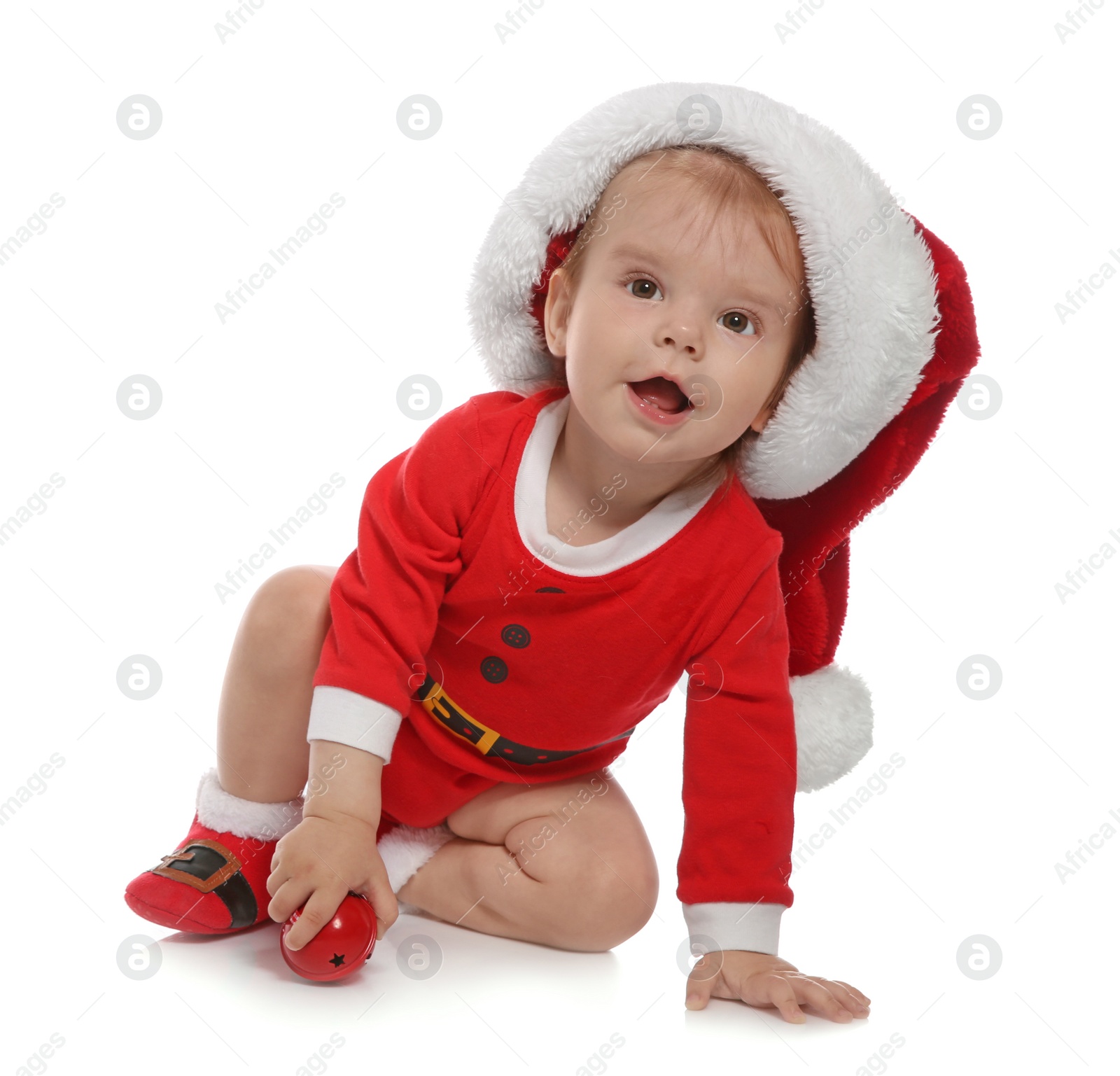 Photo of Cute little baby in Christmas costume on white background