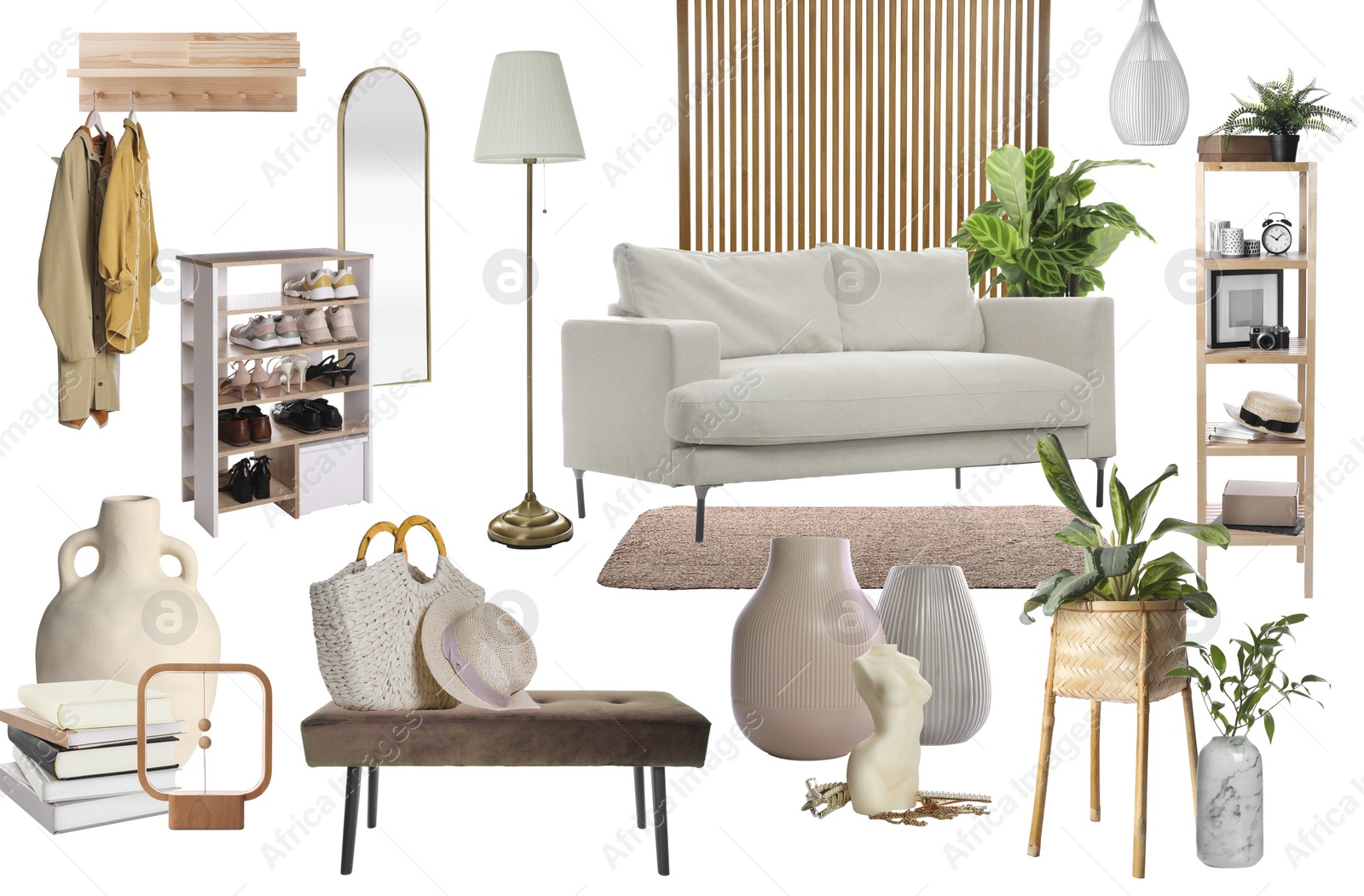 Image of Stylish hall interior with different decorative elements and furniture on white background. Mood board collage