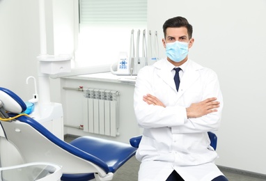 Portrait of professional male dentist in clinic. Space for text