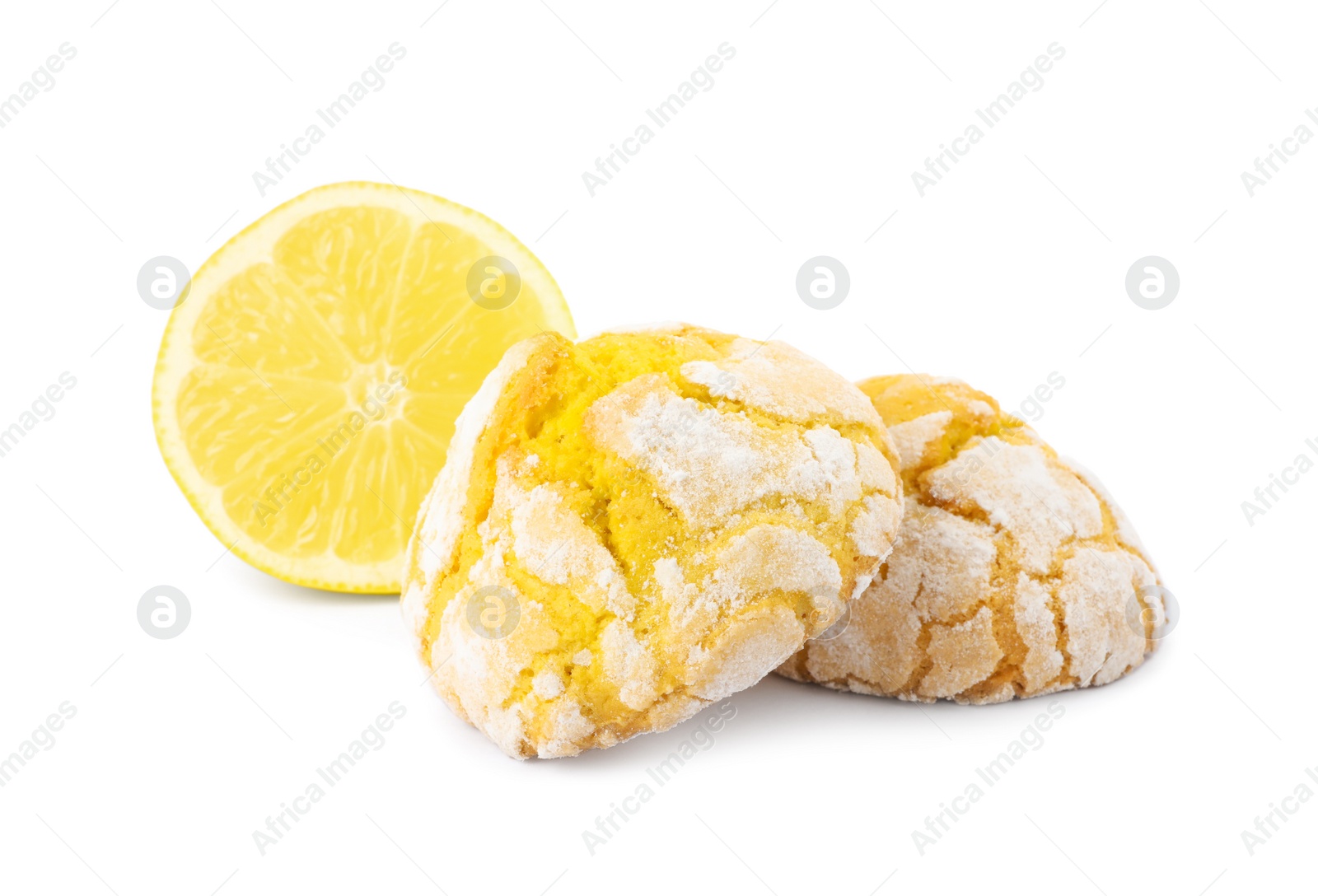 Photo of Tasty homemade lemon cookies and fresh fruit on white background