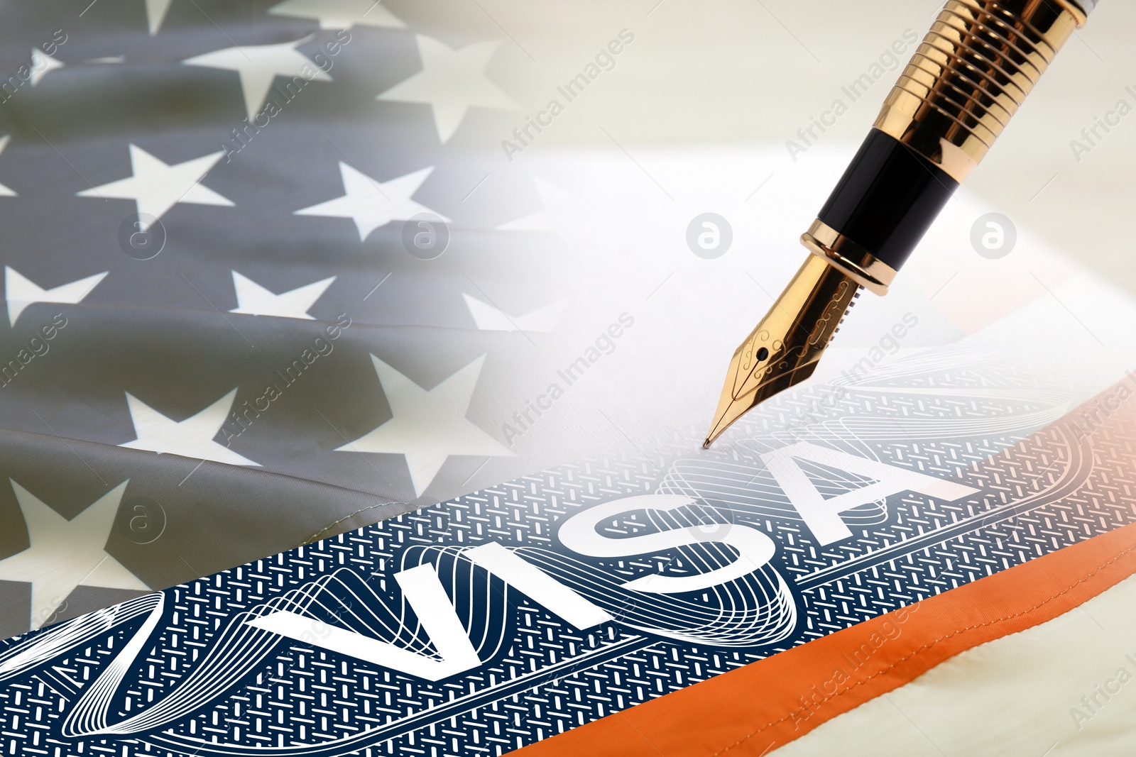 Image of Visa to United States of America, multiple exposure with national flag of USA