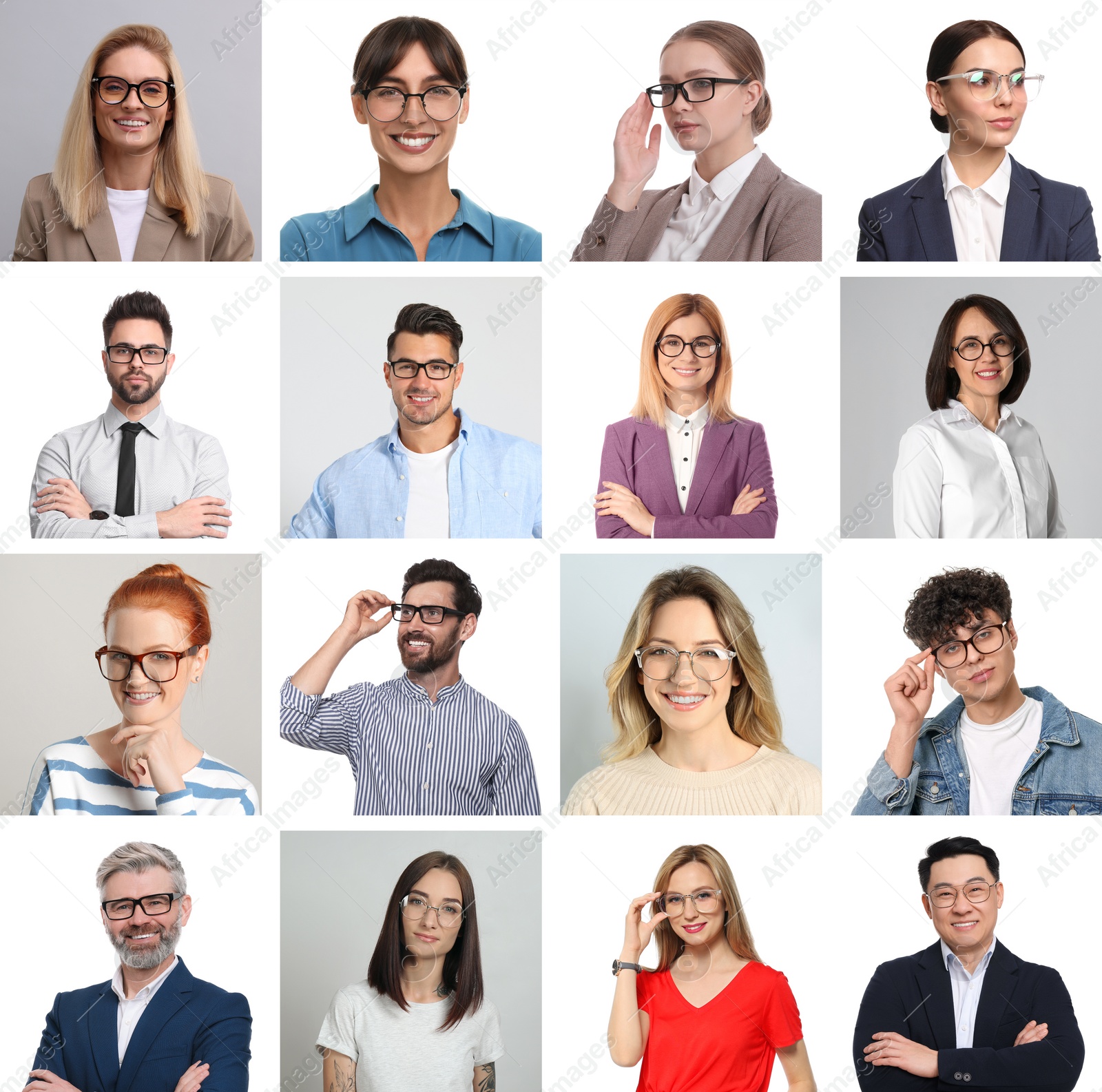 Image of Many people in glasses on different backgrounds, collection of photos