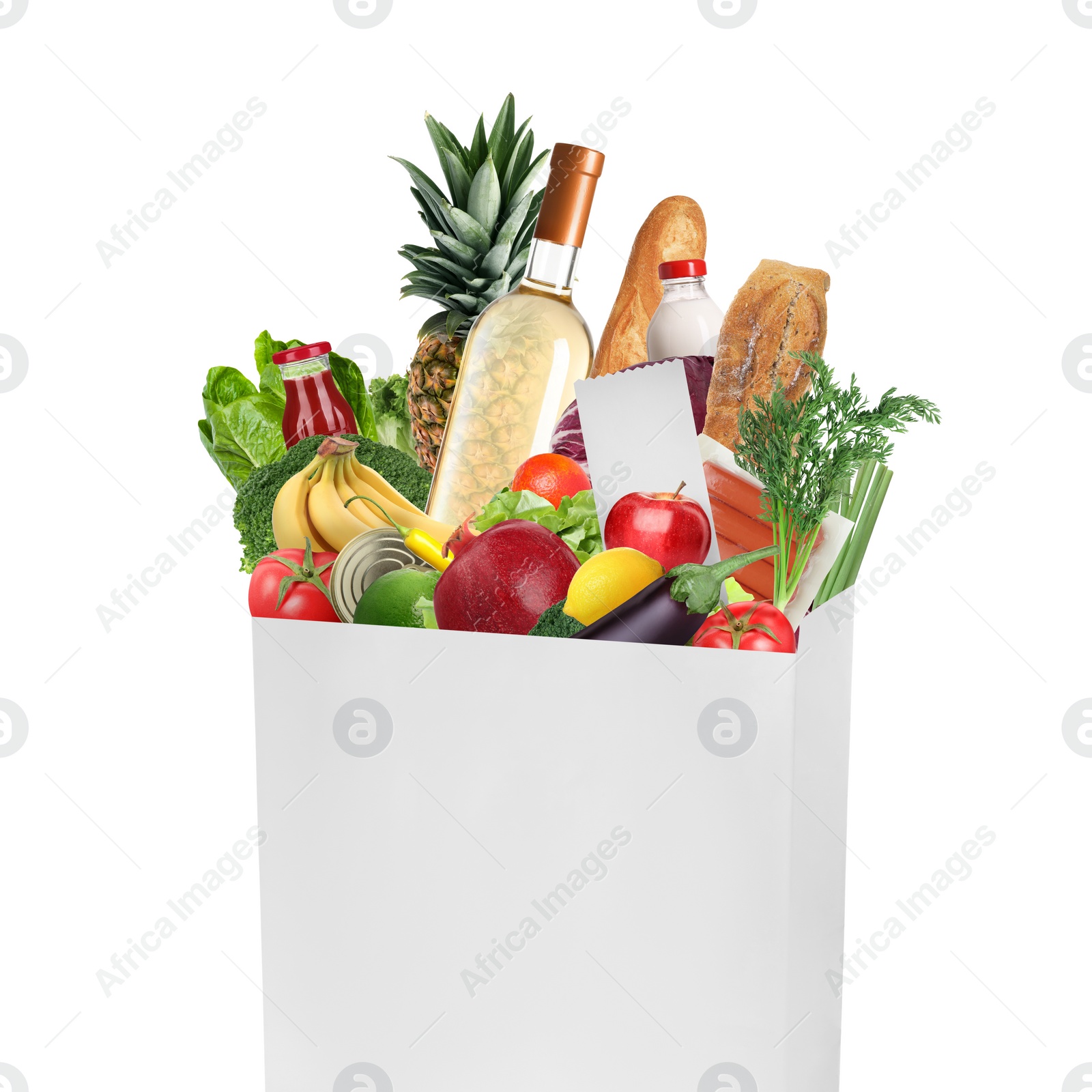 Image of Paper bag with different products and receipt isolated on white