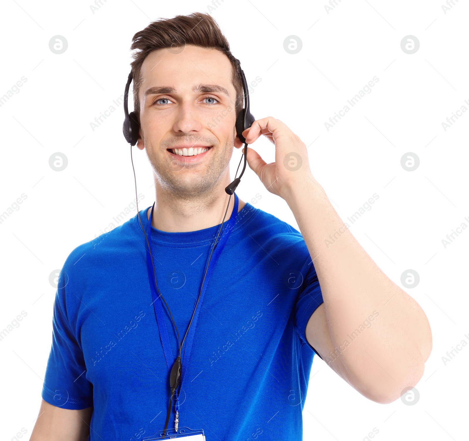 Photo of Male technical support operator with headset on white background