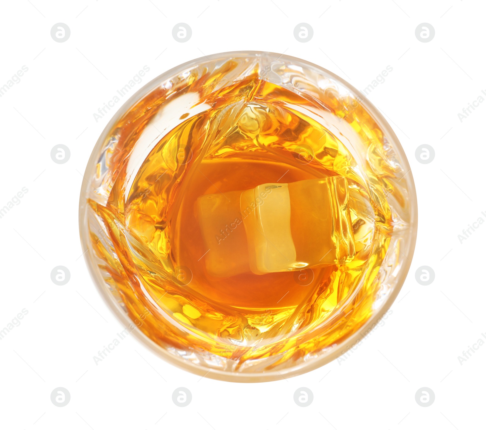 Photo of Glass of expensive whiskey with ice cubes on white background, top view