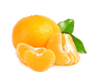 Photo of Tasty ripe tangerines with leaves on white background