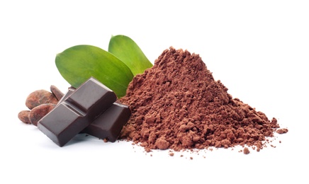 Cocoa powder, beans and pieces of chocolate on white background