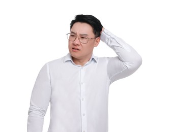 Photo of Confused businessman in formal clothes wearing glasses on white background