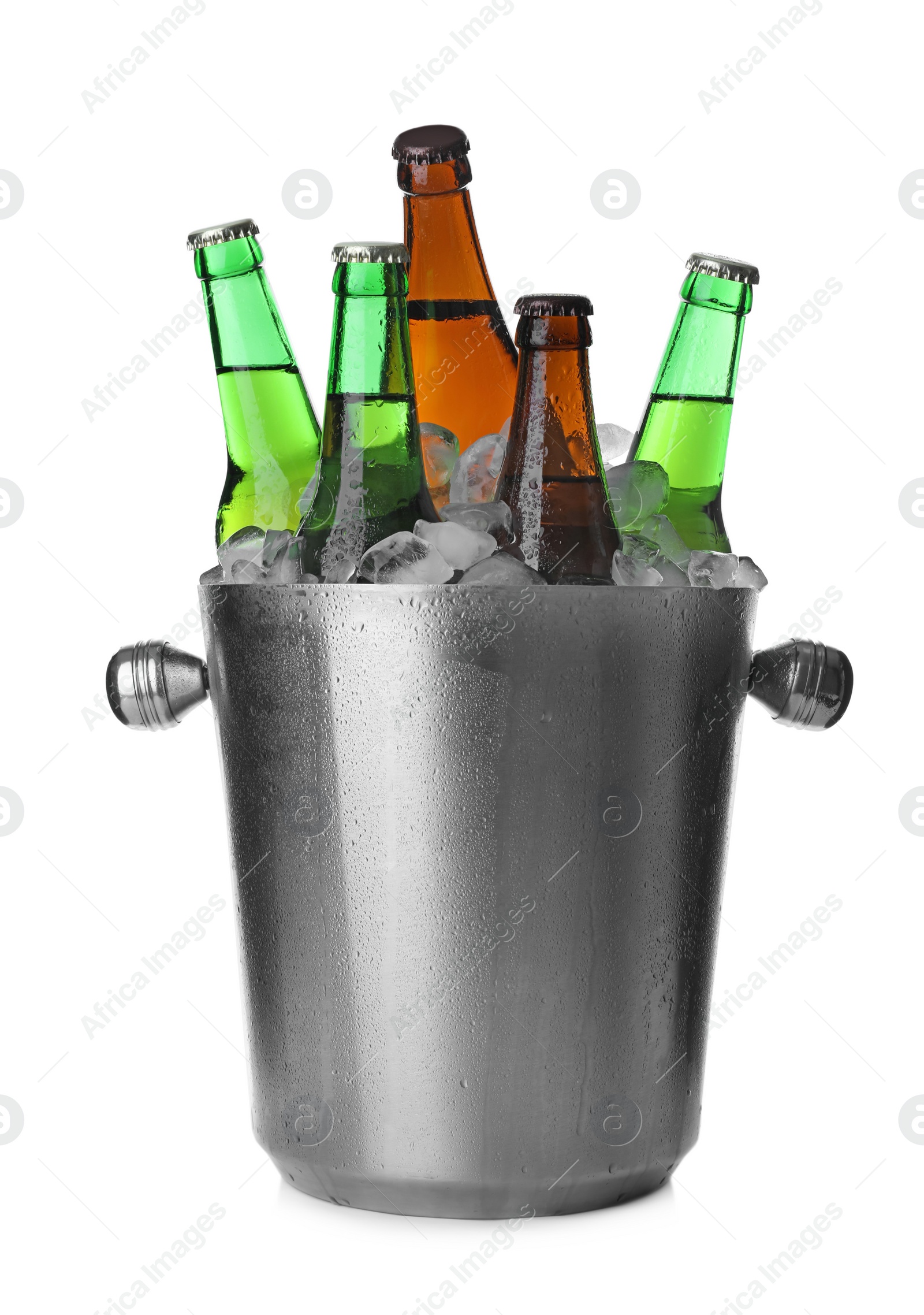 Photo of Metal bucket with bottles of beer and ice cubes isolated on white