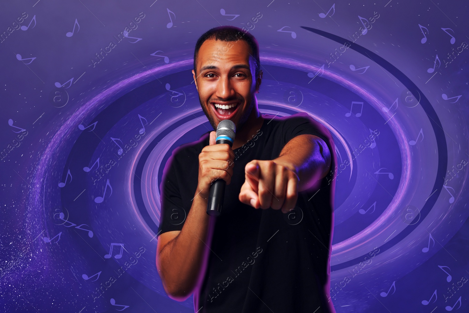 Image of Singer's performance poster, stylish design. Man with microphone on dark background