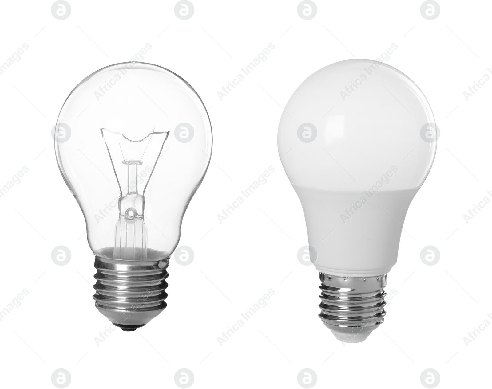 Image of Comparison of two different light bulbs on white background, collage