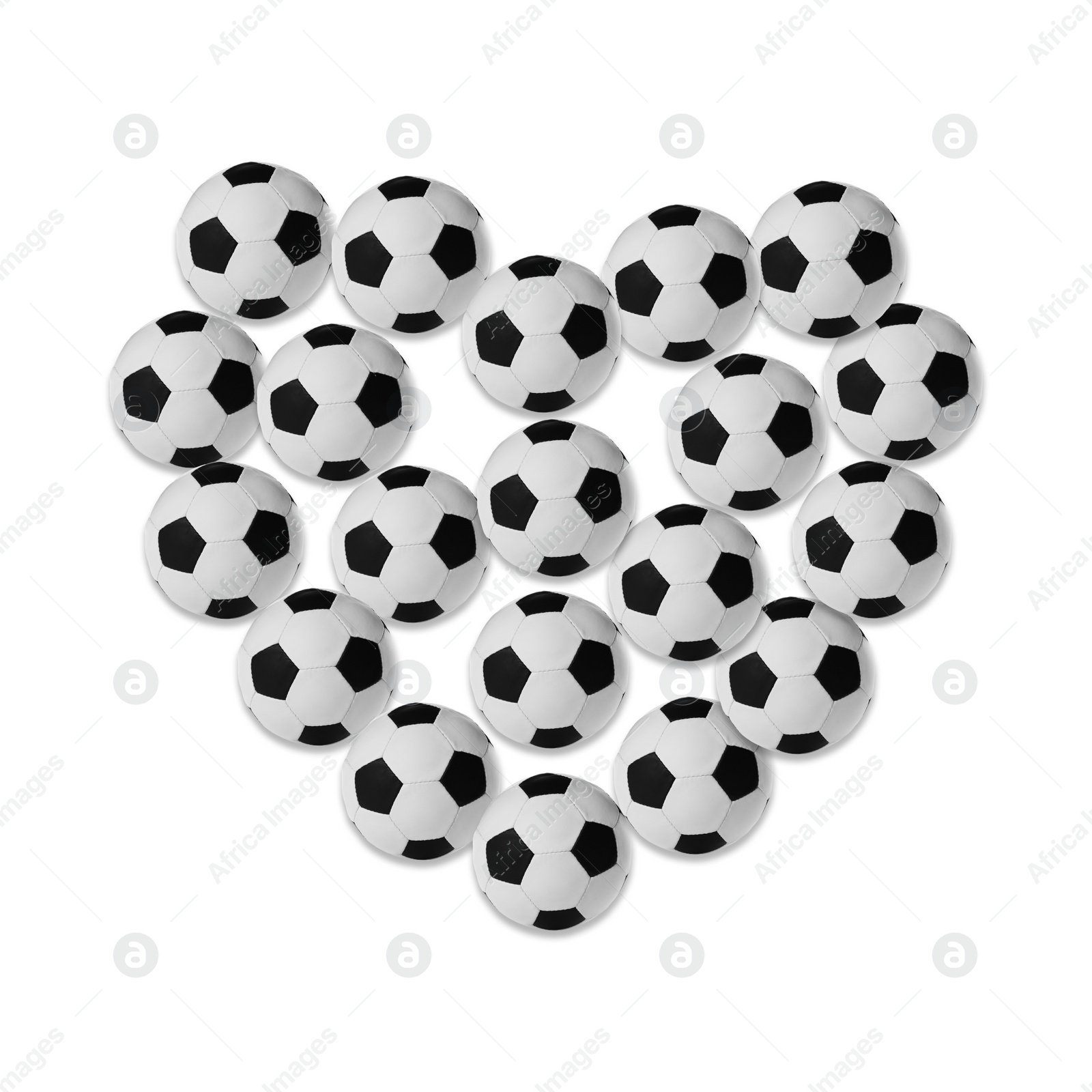 Image of Heart made of many soccer balls on white background