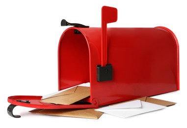 Open red letter box with correspondence on white background