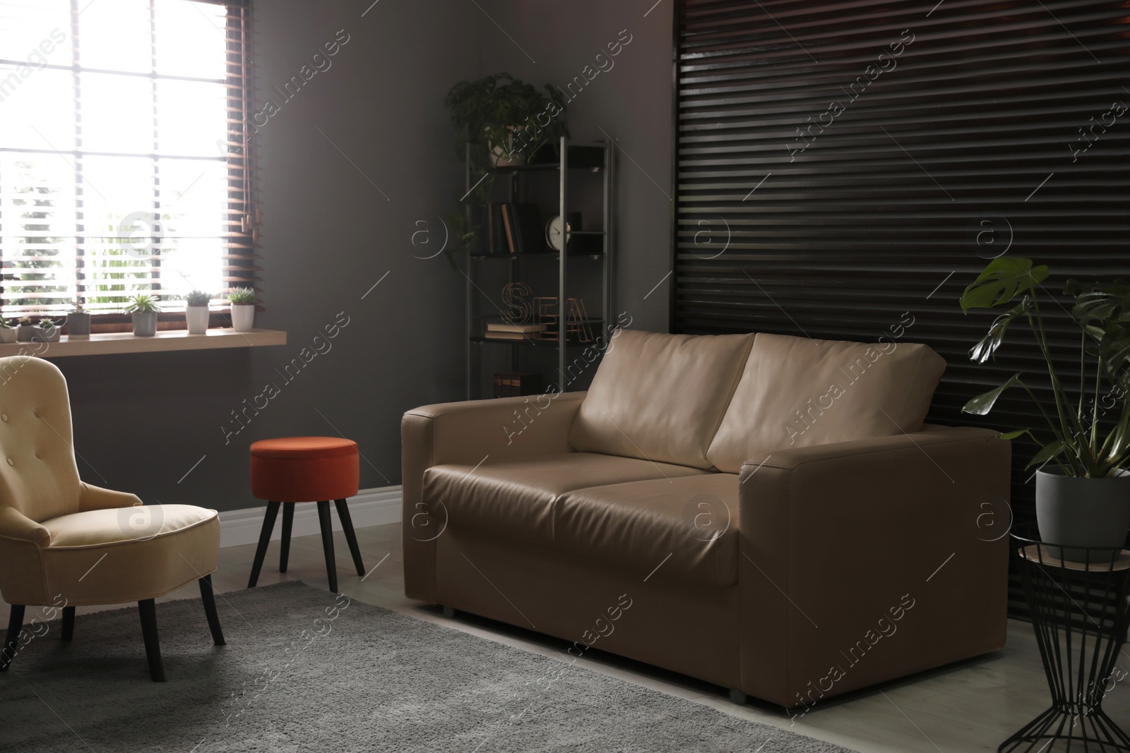 Photo of Stylish living room interior with elegant leather sofa