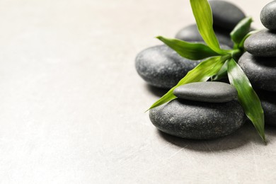 Photo of Spa stones and bamboo sprout on light grey table, closeup. Space for text