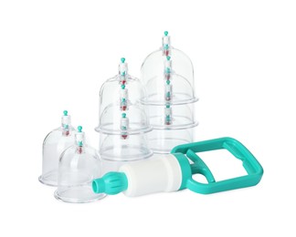 Plastic cups and hand pump isolated on white. Cupping therapy