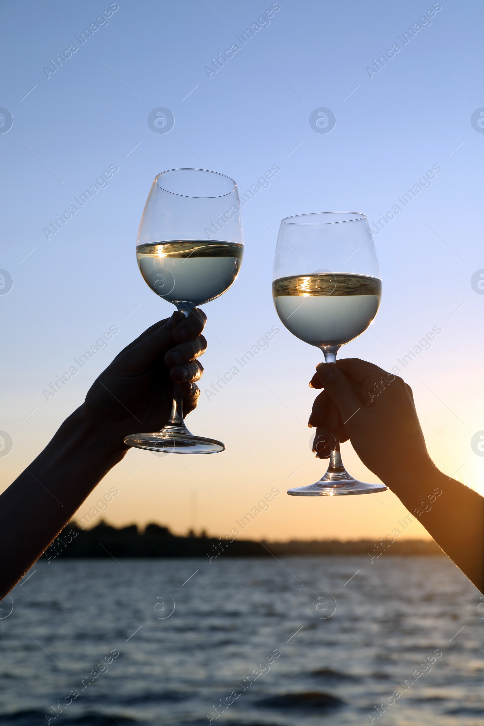 Photo of Women clinking glasses of wine near river at sunset, closeup