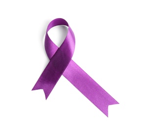 Purple awareness ribbon on white background, top view