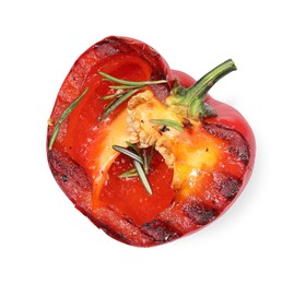 Photo of Half of grilled bell pepper and rosemary isolated on white, top view