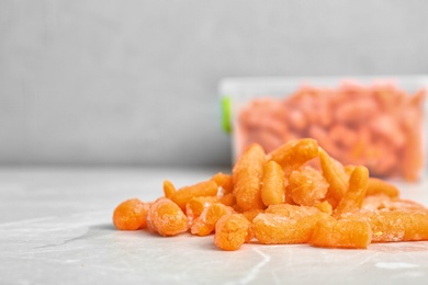 Photo of Frozen carrots on table. Vegetable preservation