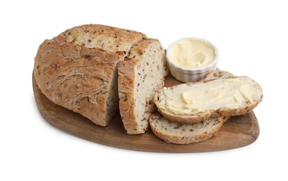 Photo of Tasty bread with butter on white background