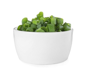 Photo of Bowl of cut green onion on white background