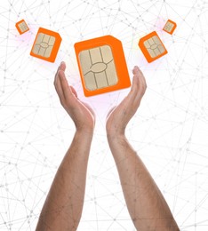 Image of Man demonstrating SIM cards of different sizes on white background, closeup 