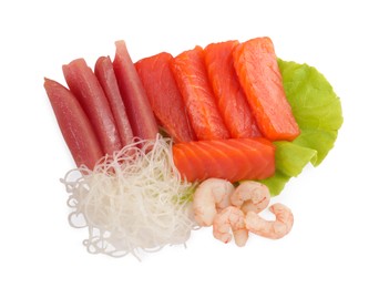 Delicious sashimi set of salmon, shrimps and tuna served with funchosa and lettuce on white, top view
