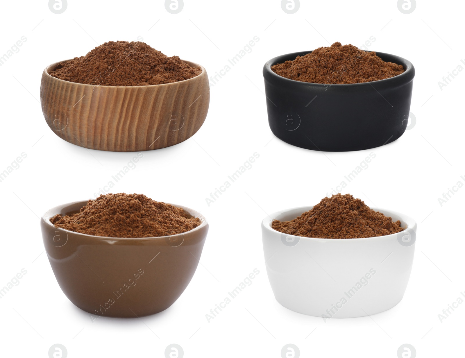 Image of Set with nutmeg powder on white background