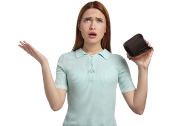 Confused woman with empty wallet on white background