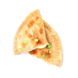 Photo of Cut delicious fried cheburek with cheese and green onion isolated on white, top view