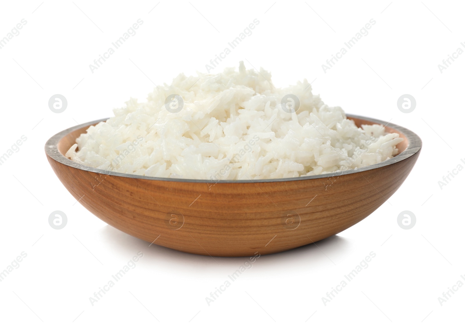 Photo of Bowl of boiled rice on white background