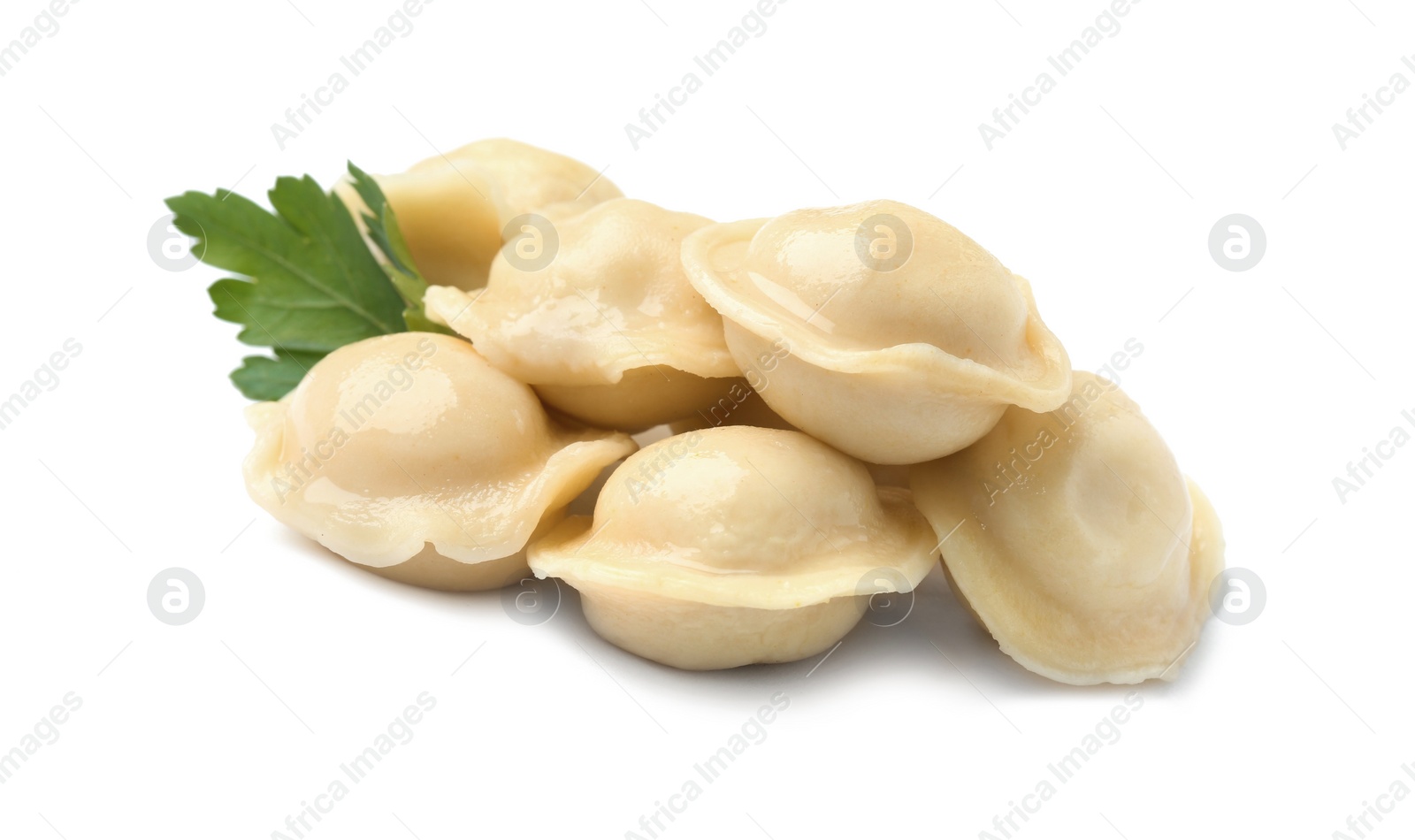 Photo of Boiled dumplings with parsley on white background