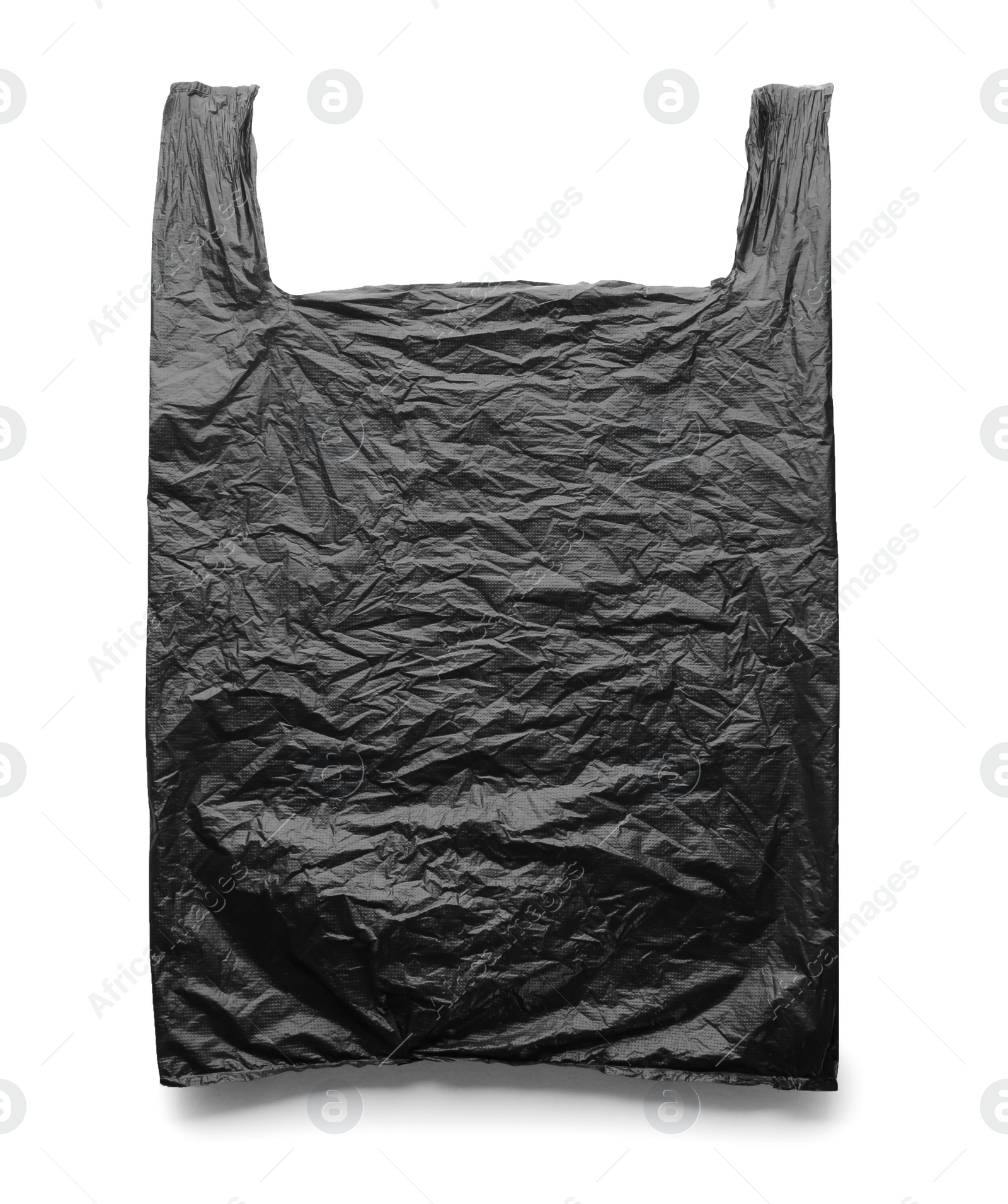 Photo of Black disposable plastic bag on white background