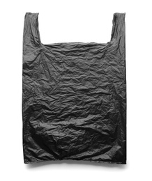 Photo of Black disposable plastic bag on white background