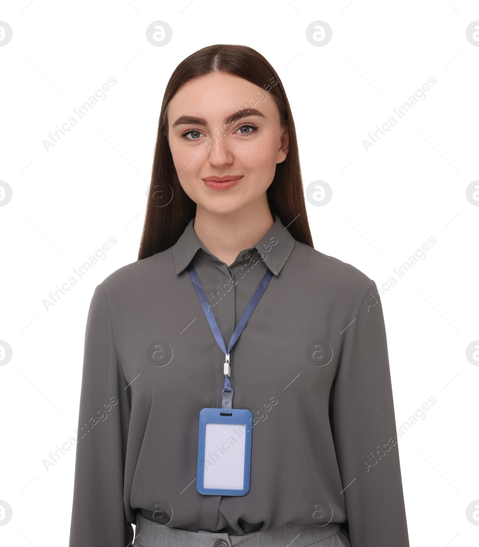 Photo of Happy woman with blank badge on white background