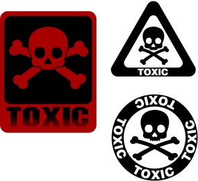 Illustration of Hazard warning signs (skull-and-crossbones symbol and word TOXIC) on white background, collage
