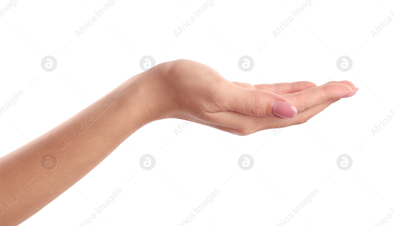 Photo of Woman holding hand palm up on white background, closeup